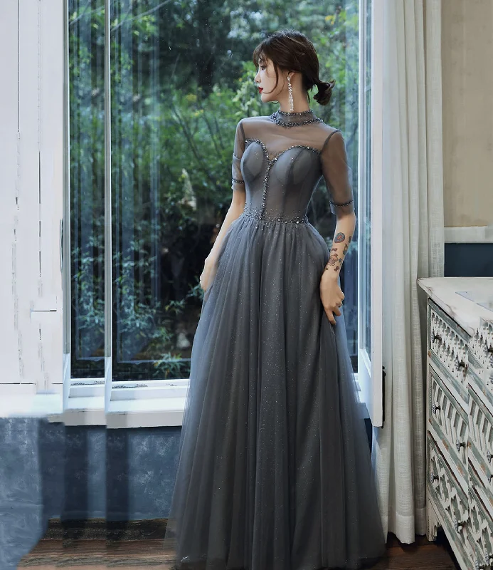 women's vintage dressesGray tulle beads long prom dress A line evening gown  10278