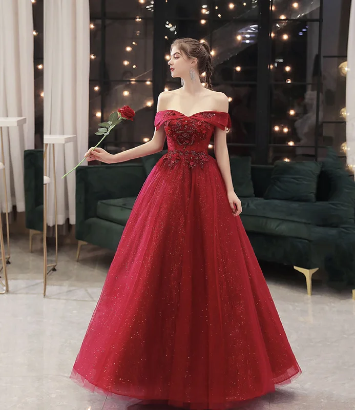 Silk DressBurgundy tulle lace long prom dress A line evening gown  10323