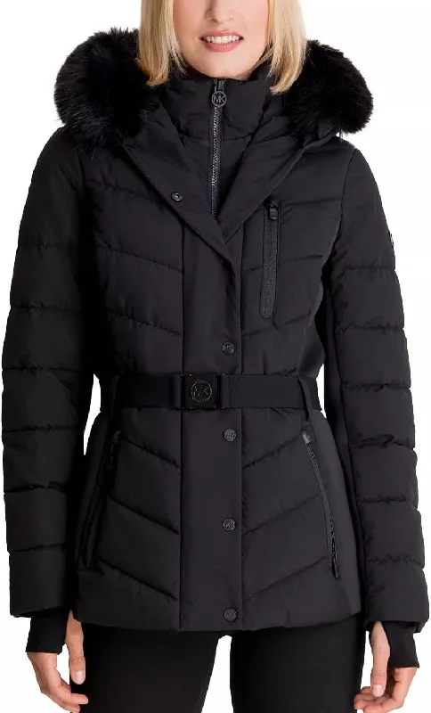 luxury women's coatsMichael Michael Kors Women's Faux Fur Belted Scuba Coat, Black