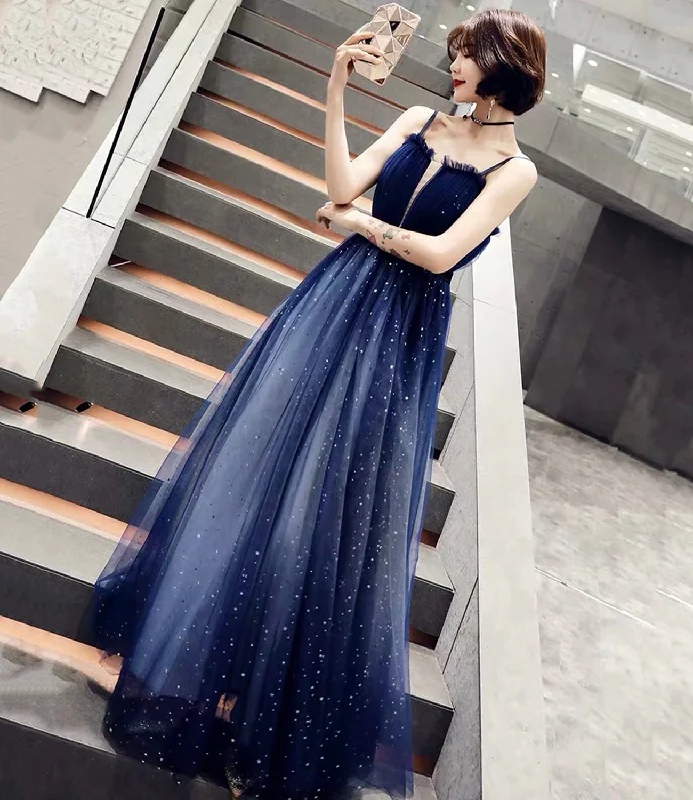 Embellished DressBlue tulle long A line prom dress blue evening dress  10068