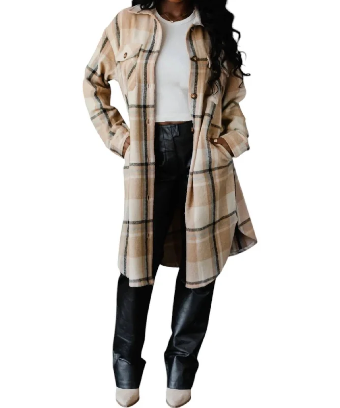 women's coats for glamorous eveningsPlaid Long Flannel Jacket In Tan/black/beige/grey