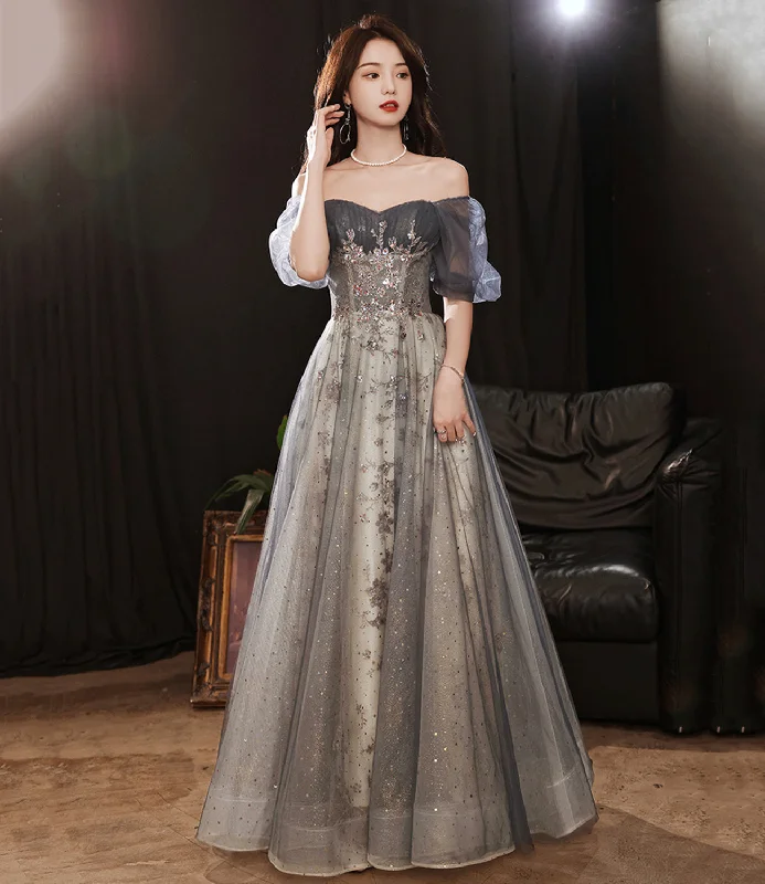 Silk DressGray tulle sequins long prom dress gray evening dress  10252