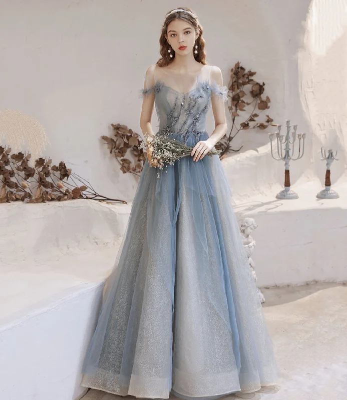 women's maternity dressesBlue tulle beads long prom dress blue evening dress  10283