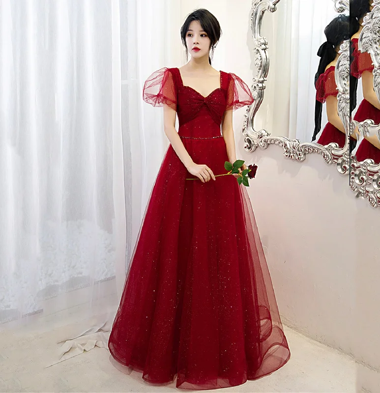 Solid Color DressBurgundy tulle long A line prom dress evening gown  10070