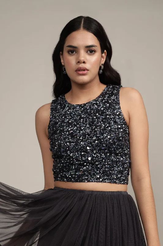 women's tops with sequin embellishmentsPicasso Black Beaded Top With Iridescent Sequins