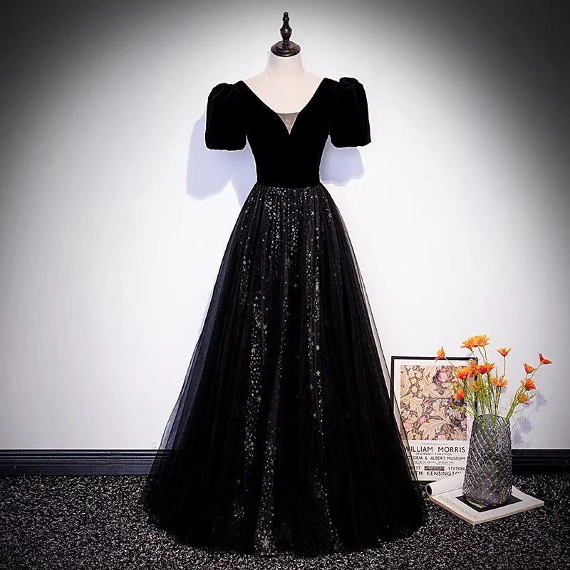 women's retro dressesBlack velvet tulle long prom dress A line evening gown  10106