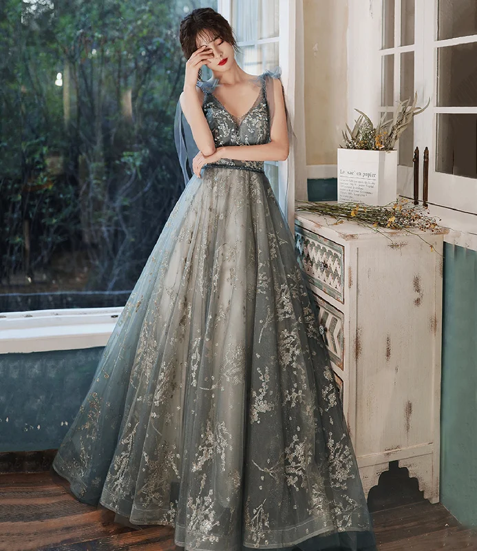 women's denim dressesGray tulle sequins long prom dress evening gown  10121