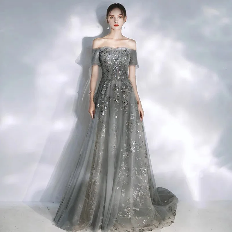 women's flowy dressesGray tulle sequins long prom dress A line evening dress  10113