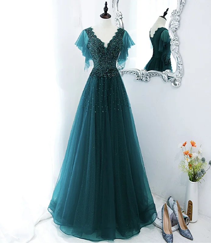 women's machine-washable dressesGreen tulle beads long prom dress evening gown  10272