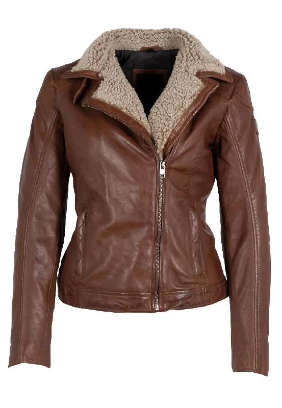 affordable women's coatsWomen Jenja Lamb Leather Jacket With Teddy Fur Trim In Dark Cognac