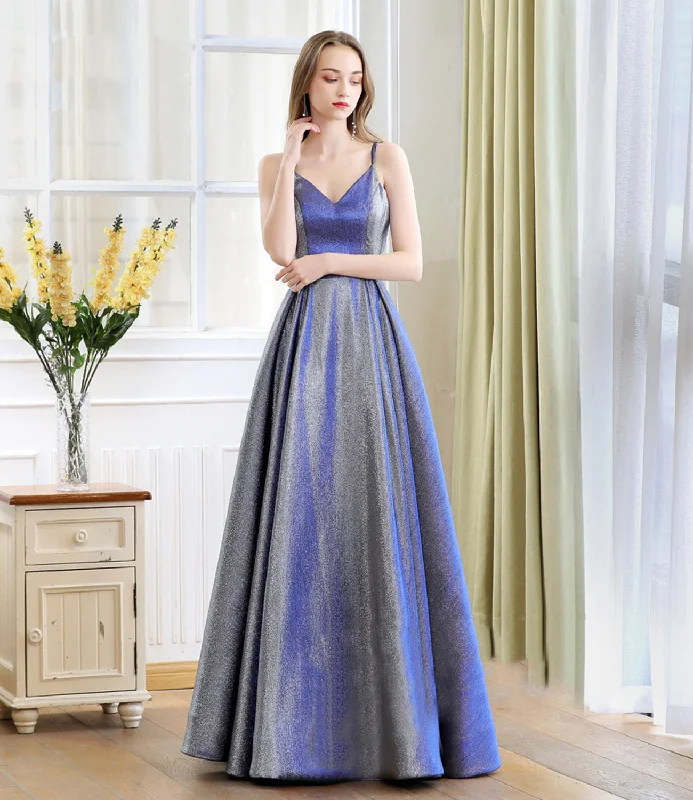 Scoop-Neck DressBlue satin long A line prom dress blue evening dress  10235