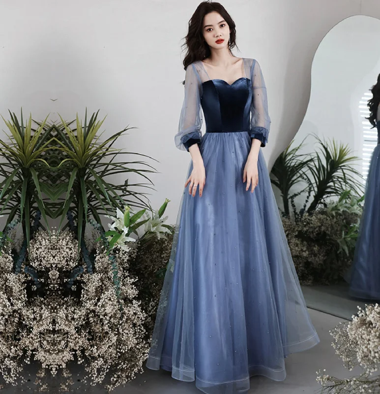 Chiffon DressBlue vlevet tulle long prom dress A line evening gown  10077