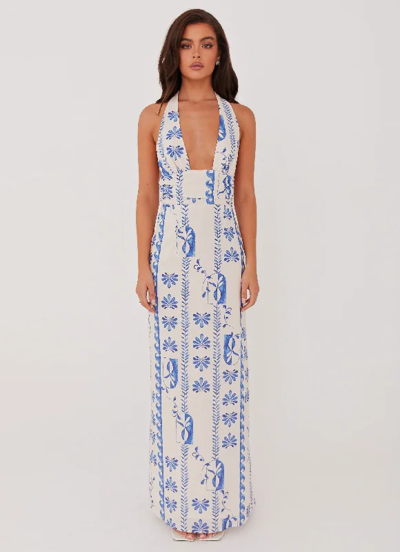 women's statement dressesSky Linen Maxi Dress - Floral Wave