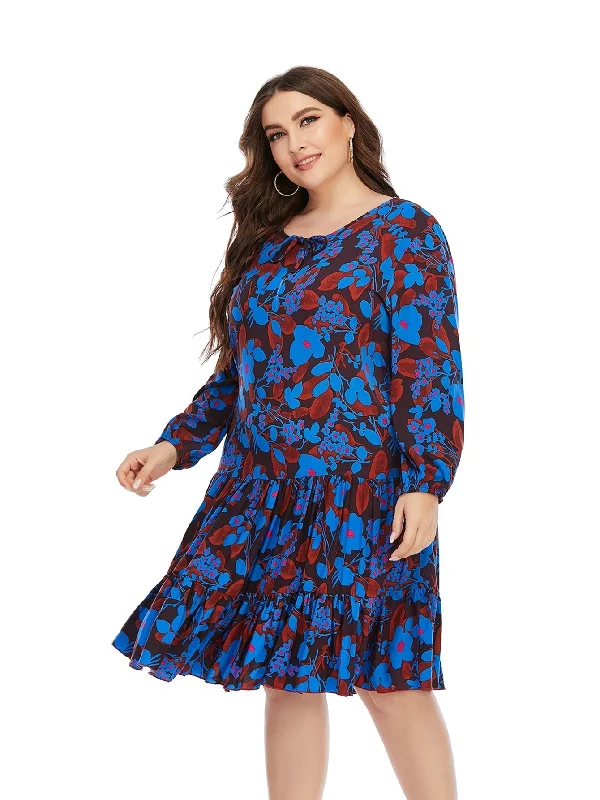 Velveteen DressKittenAlarm - Women's New Plus Size Round Neck Lantern Sleeve Over-the-Knee Dress Mini Dress