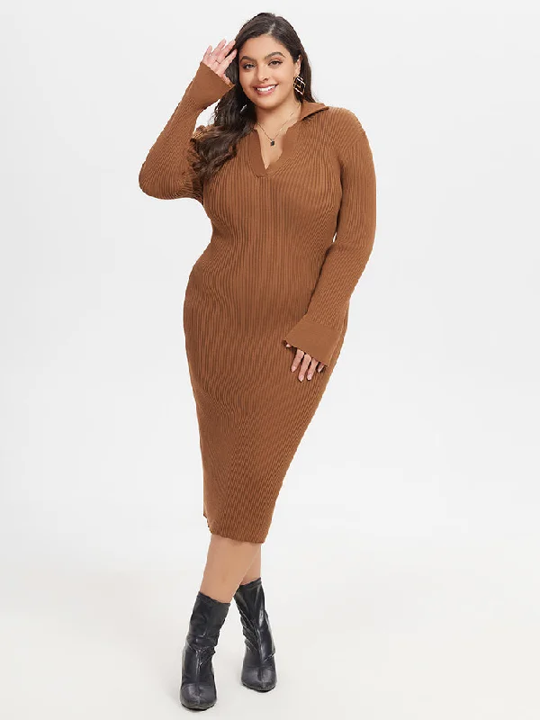 women's silk dressesRibbed Knit Split Midi Sweater Dress