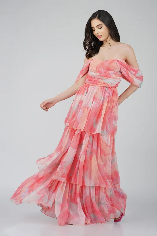 women's vacation dressesSydney Chiffon Maxi Dress in Coral Print