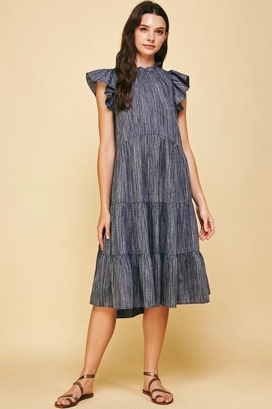 women's lightweight dressesPenelope Tiered Denim Stripe Midi Dress