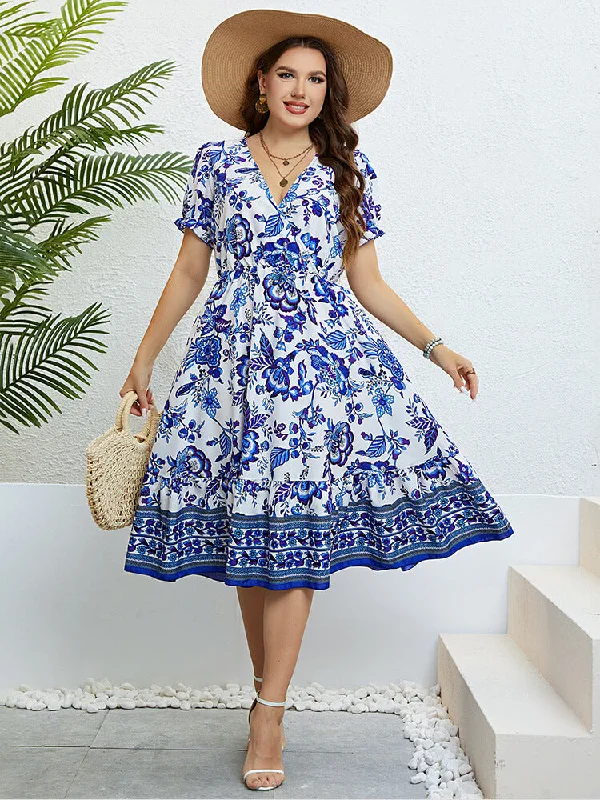 women's boho dressesPlus Blue Floral Puff Sleeve Ruffle Hem Elastic Waist Midi Dress