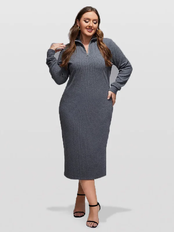 Casual Chic DressPlus Grey Band Collar Zipper Split Midi Knit Dress