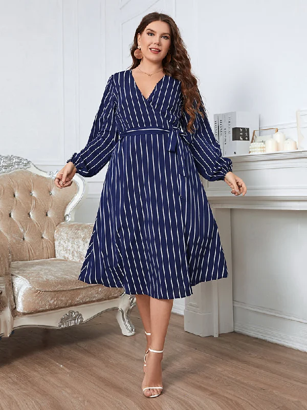 women's stretchy dressesPlus Blue Striped Crisscross Wrap Midi Dress