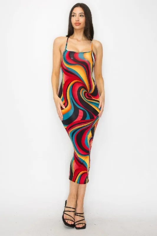 Tiered DressCrossed Back Marble Print Multicolor Midi Dress