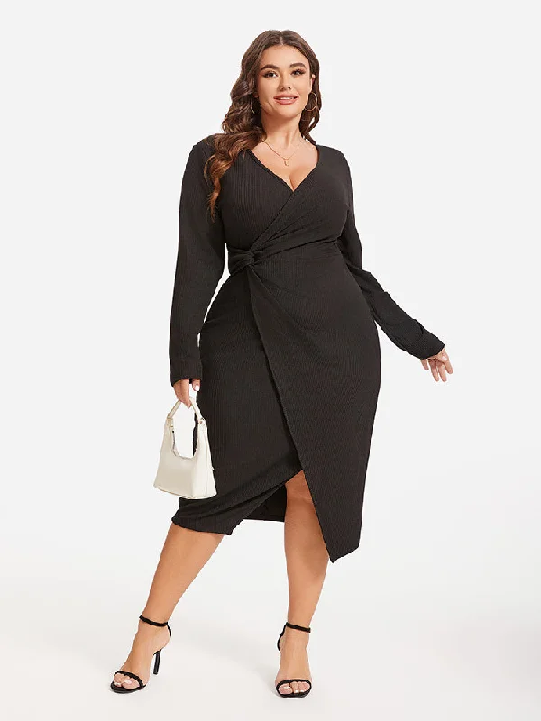 women's trendy dressesSolid Twist Front Wrap Hem Midi Dress