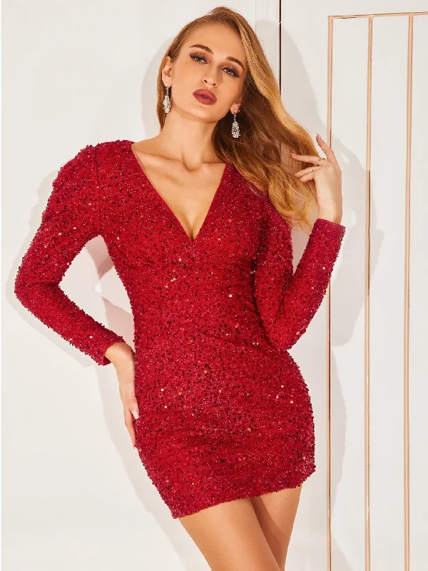 women's everyday dressesKittenAlarm - Plunging Neck Gigot Sleeve Sequin Bodycon Dress