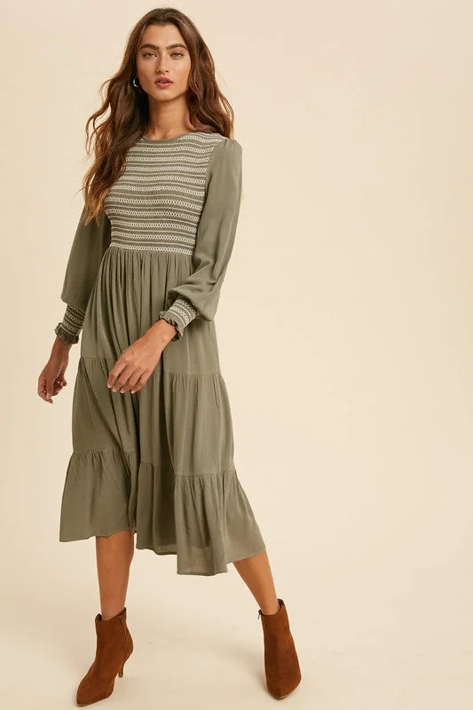 women's cotton dressesJamie Smocked Midi Dress in Moss