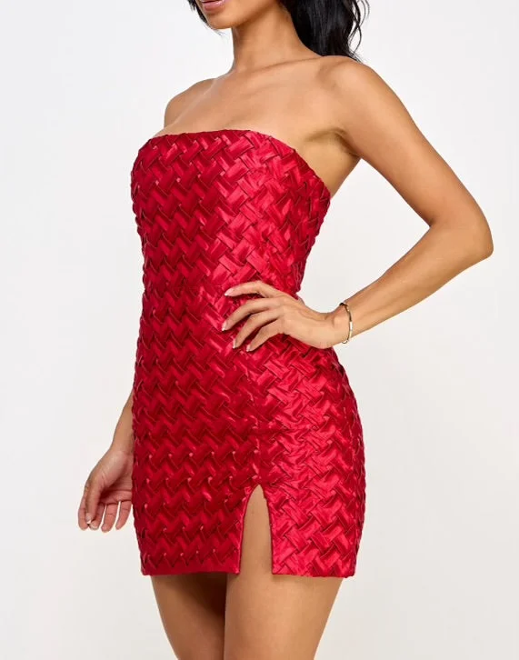 Statement DressRed Satin Thick Woven Mini Dress- Stretchy,Estira