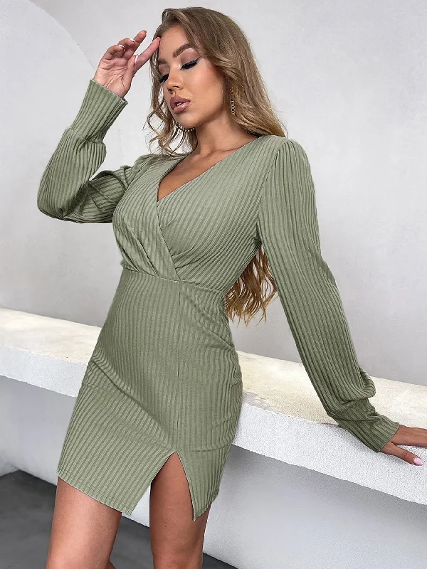 women's glam dressesKittenAlarm - Ribbed Knit Surplice Neck Split Hem Bodycon Dress