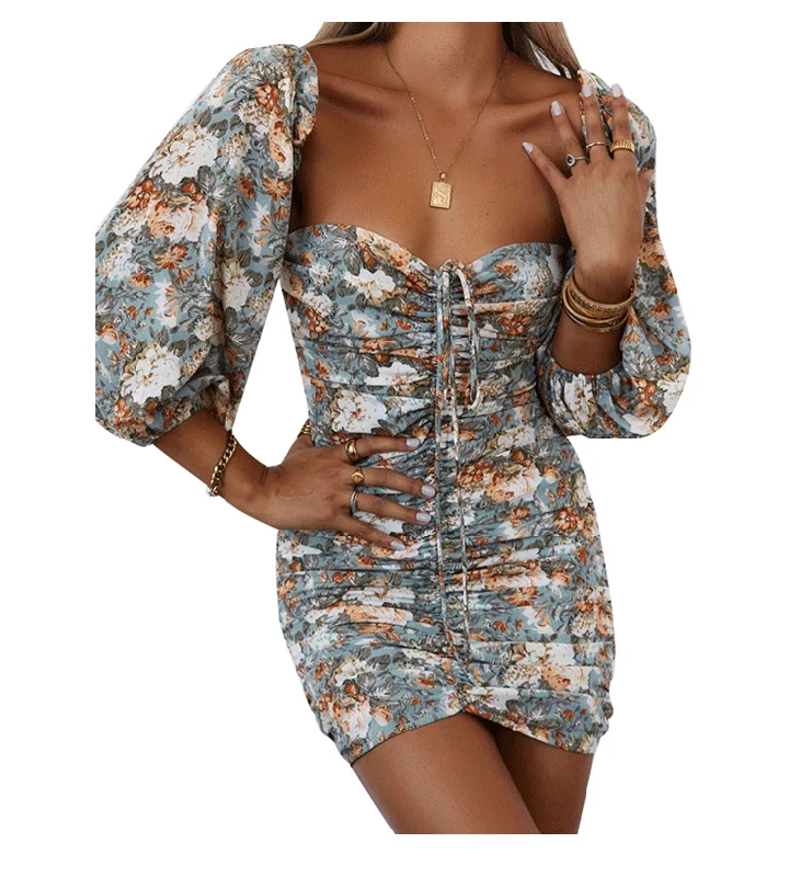 Shift DressPrecious Poppies Ruched Bell Sleeve Mini Dress - Blue