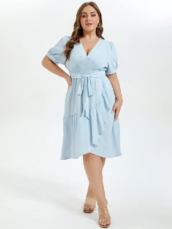 Tea-Length DressV-Neck Puff Sleeve Ruffle Trim Tie Front Midi Dress