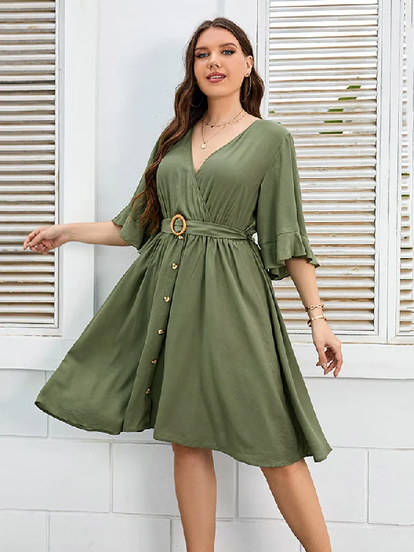 Tea-Length DressPlus Green Button Tie Back Wrap Ruffle Sleeve Midi Dress