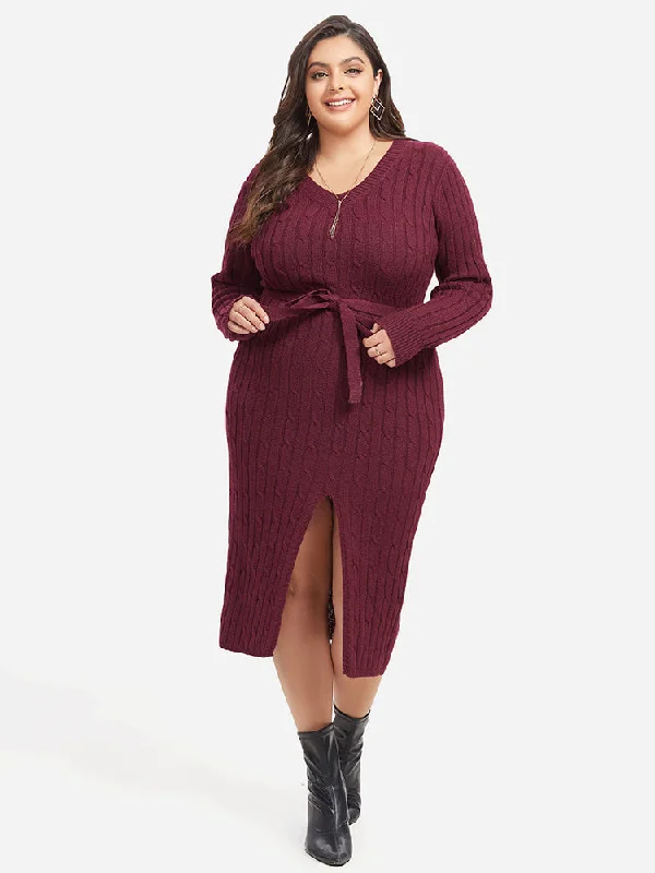 women's wedding guest dressesCable Knit Belted Split  Midi Sweater Dress