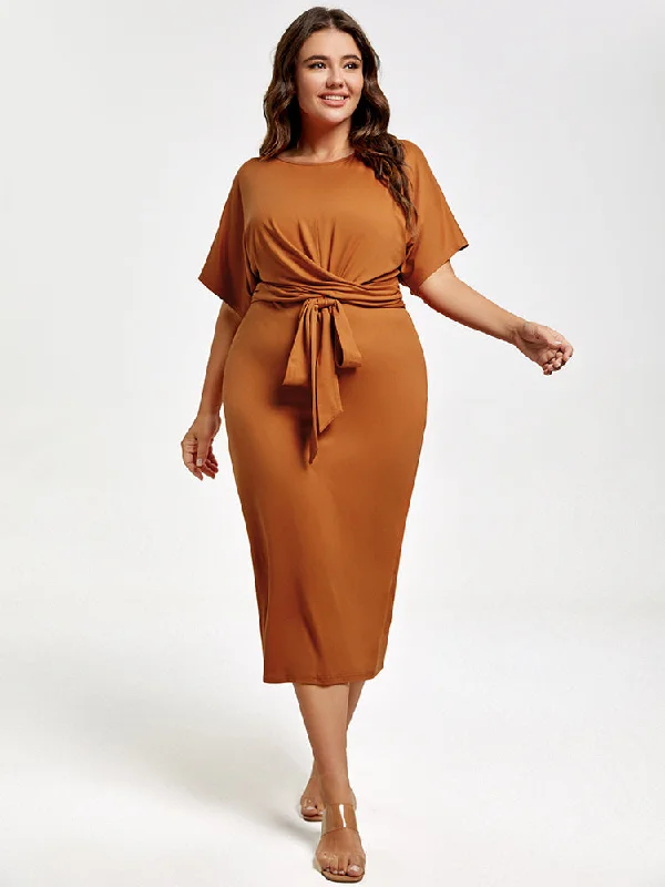 Body-Hugging DressPlus Brown Ruched Tie Front Midi Dress