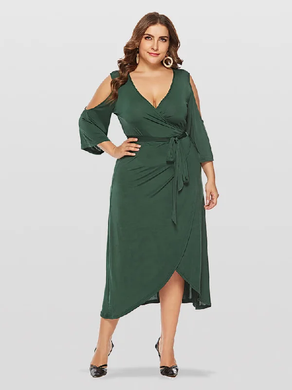 women's minimalist dressesPlus Green V-Neck Cold Shoulder Wrap Ditsy Midi Dress