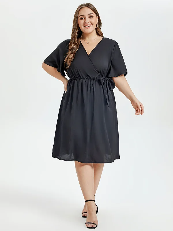 women's long-sleeved dressesButterfly Sleeve Ruffle Hem Belted Midi Dress