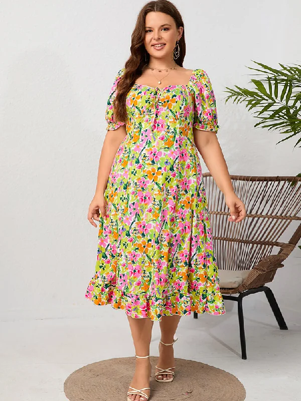 Retro DressPlus Floral Square Neck Puff Sleeve Midi Dress