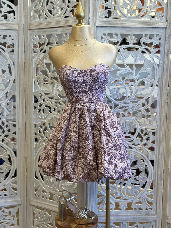 Organza DressStrapless Floral Pattern Mini Puff Dress- Not Stretchy