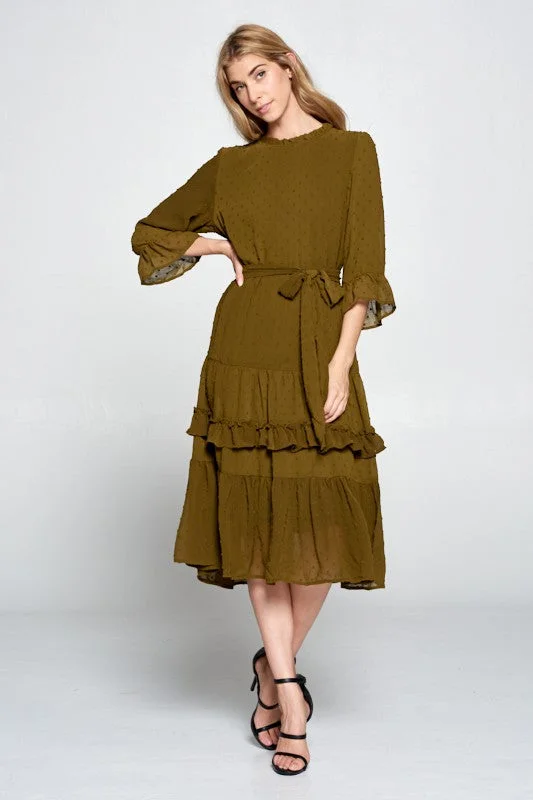 Sweetheart Neckline DressDaria Swiss Dot Tier Midi Dress in Olive