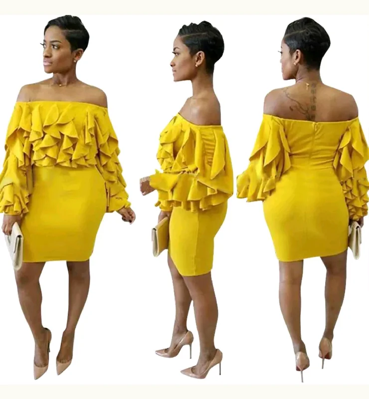 Shift DressLong Sleeve Ruffle Off the Shoulder Bodycon Dress