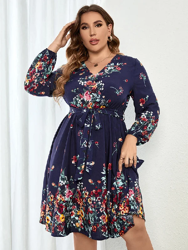 Velvet DressPlus Blue Floral Wrap Lantern Sleeve Midi Dress