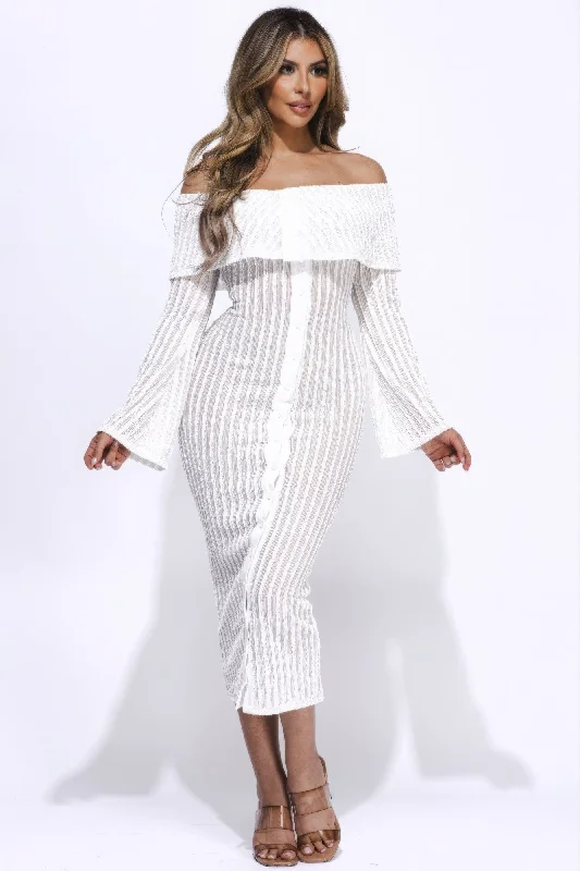 Sequined DressRuffled Fabric Off Shoulder Midi Dress With Flared Sleeve