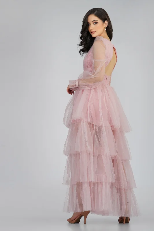 Silk DressSalma Long Sleeve Tulle Maxi Dress in Pink