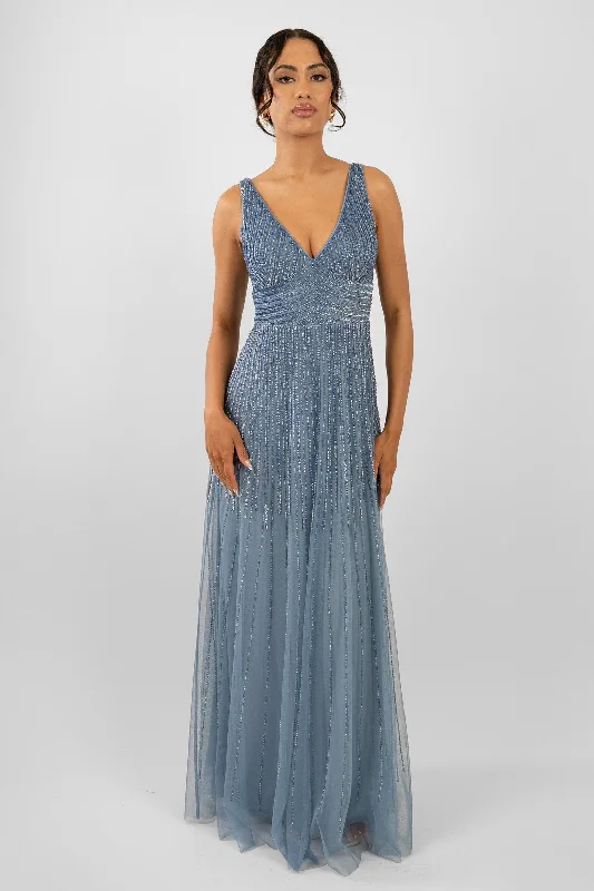 women's metallic dressesLorelai Dusty Blue Embellished Maxi Dress