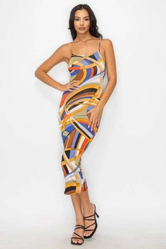 Zip-Up DressCrossed Back Marble Print Multicolor Midi Dress