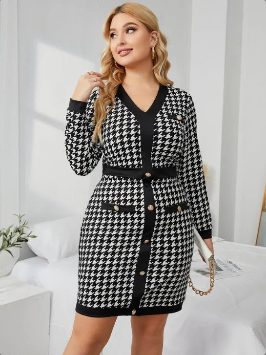 women's breathable dressesKittenAlarm - Plus Houndstooth Fake Button Bodycon Dress