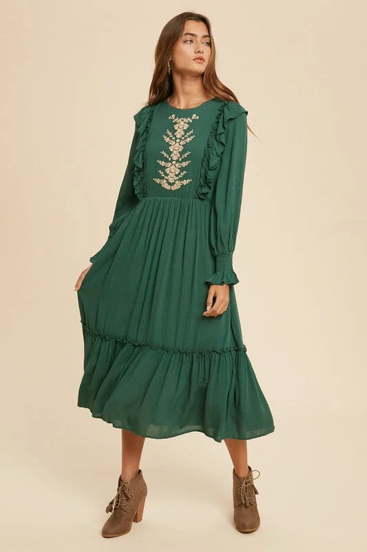 women's wedding guest dressesMariah Embroidered Midi Dress in Emerald