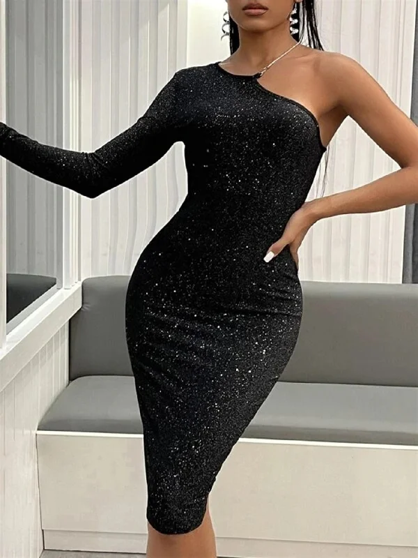 Minimalist DressKittenAlarm - One Shoulder Glitter Bodycon Dress