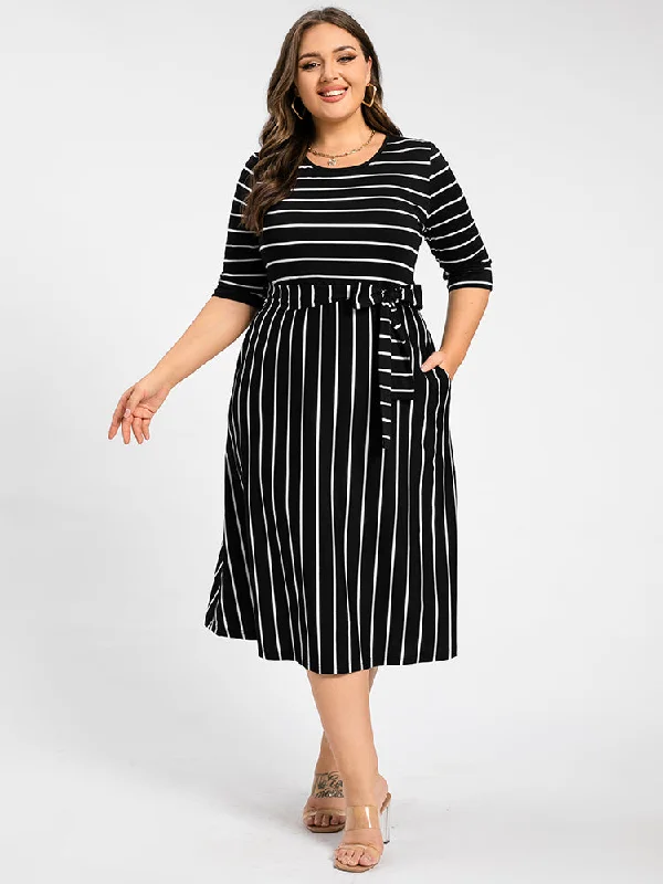 Bow-Tie DressPlus Stripe Pattern Round Neck Tie Side Midi Dress